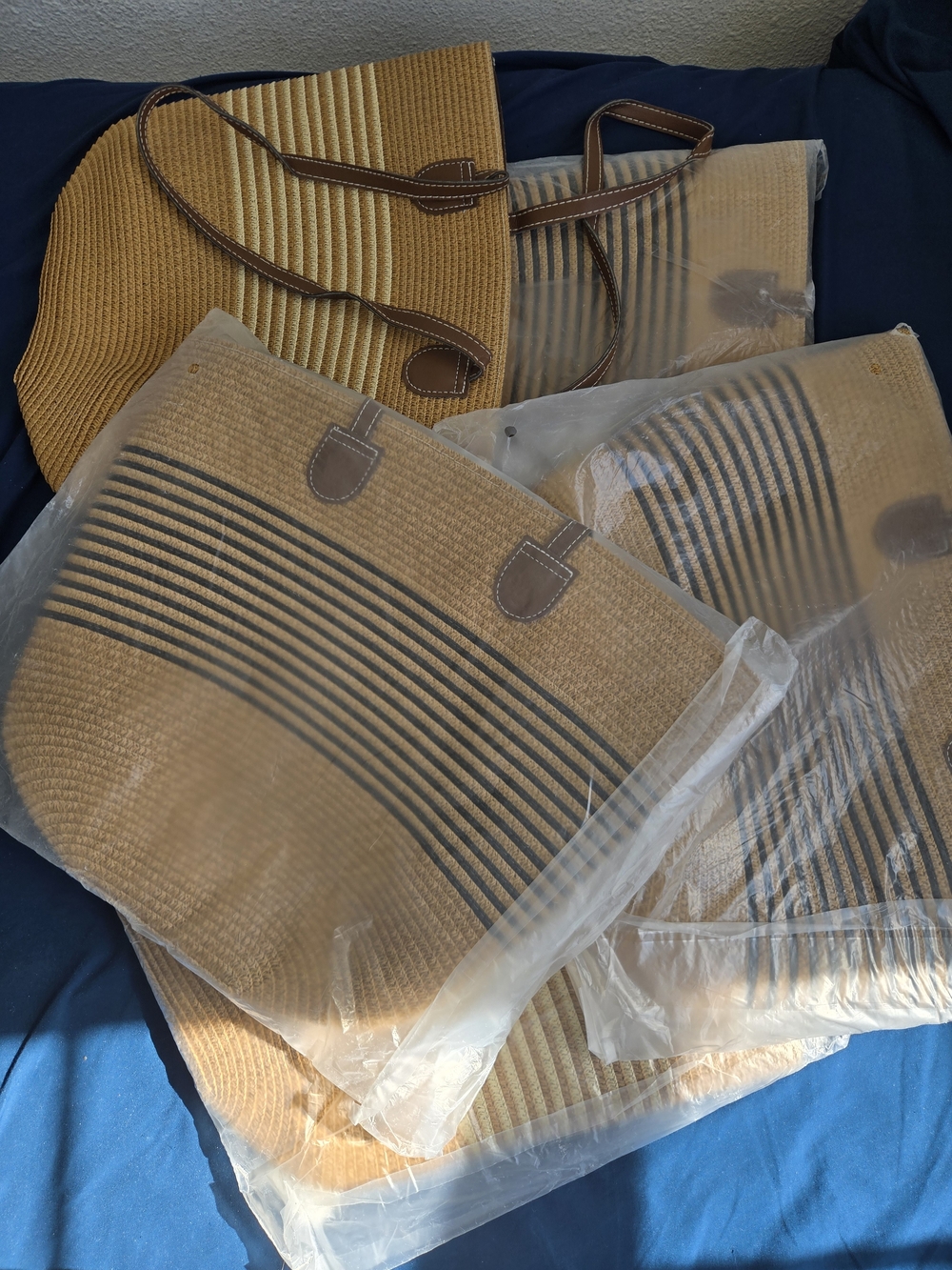 Woven Straw Tote Bag with Brown Leather Handles - Tan & Cream - Picture 3 of 5